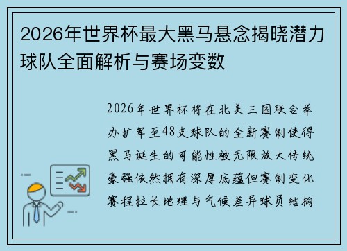 2026年世界杯最大黑马悬念揭晓潜力球队全面解析与赛场变数 2026年世界杯最大黑马悬念揭晓潜力球队全面解析与赛场变数